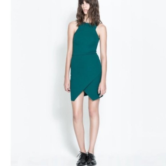 Zara Dresses & Skirts - Zara Trafaluc Teal Bodycon Halter Neck Racerback Asymmetrical Mini Dress